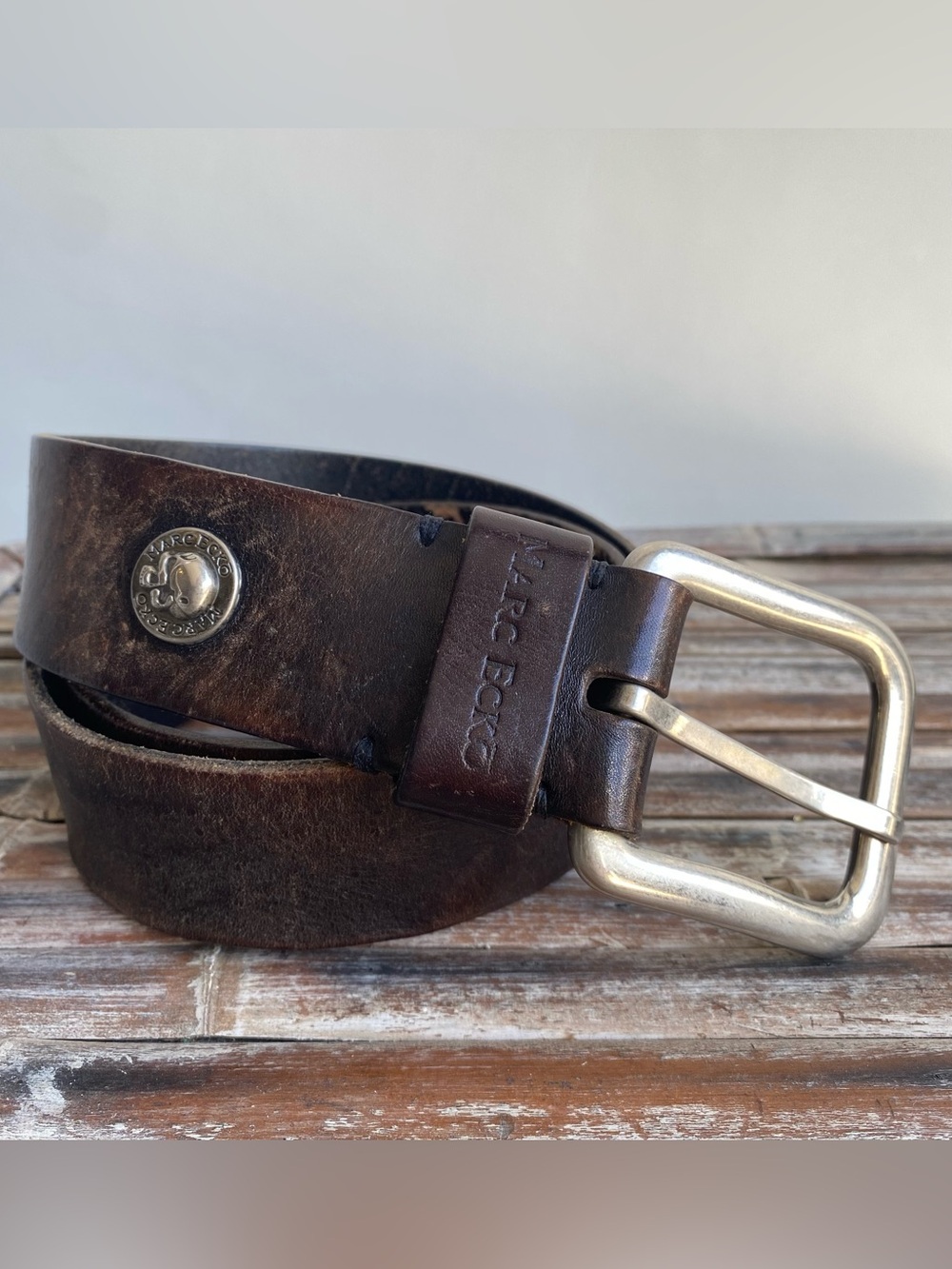 Marc Ecko vintage Y2K brown leather belt silver buckle skull emblem worn in 38